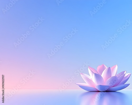 A single pink lotus flower sits on a reflective surface against a blue and pink gradient background