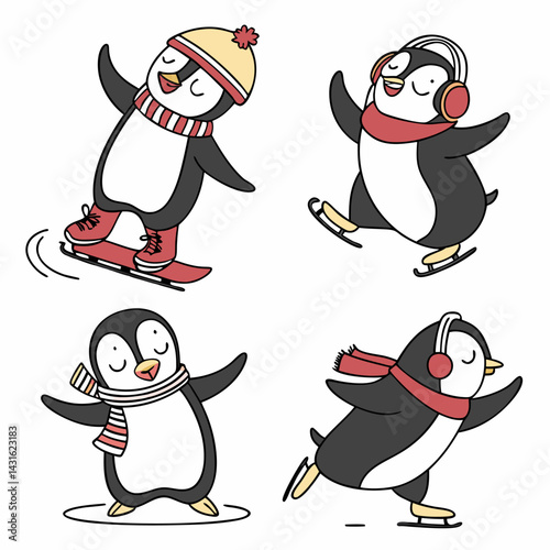 Cute Penguins Winter Fun: Adorable Hand-Drawn Illustrations - Ice Skating.