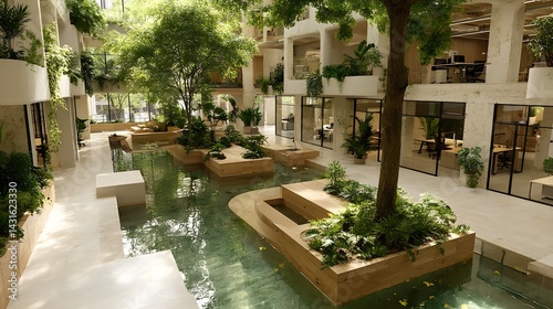 Contemporary Eco Hotel Scale Model with Lush Courtyard and Houseplants – Sustainable Urban Resort Design Visual for Green Hospitality Branding