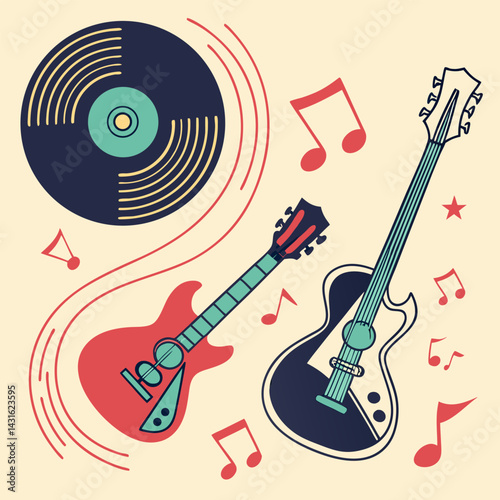 Retro Music Illustration: Electric Guitars & Vinyl Record - Vintage Design.