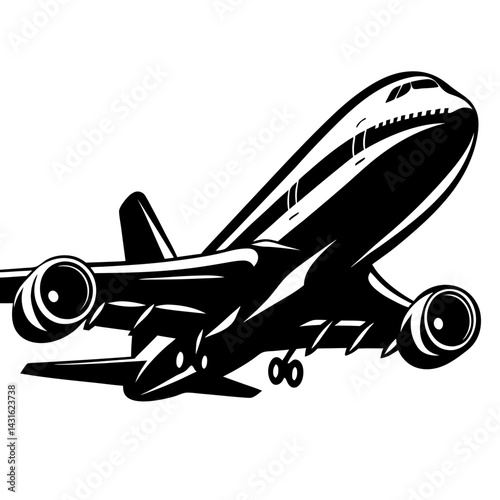 Monochrome depiction of a commercial jet aircraft during take off phase