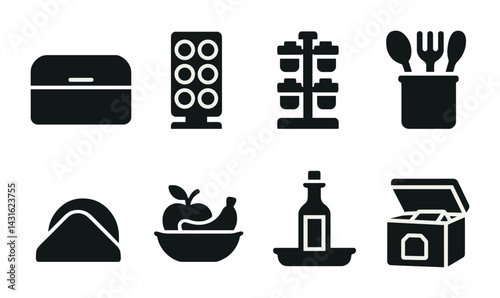 Modern kitchen silhouette icons set – solid style cooking, culinary, and home cooking essentials: bread box, spice rack, utensil holder, tortilla warmer, fruit bowl, oil bottle, storage container.