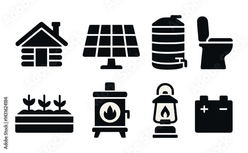 Sustainable living icon set – solid style eco-friendly, off-grid, and renewable energy symbols for green designs: solar panel, water tank, compost toilet, stove, lantern, battery.