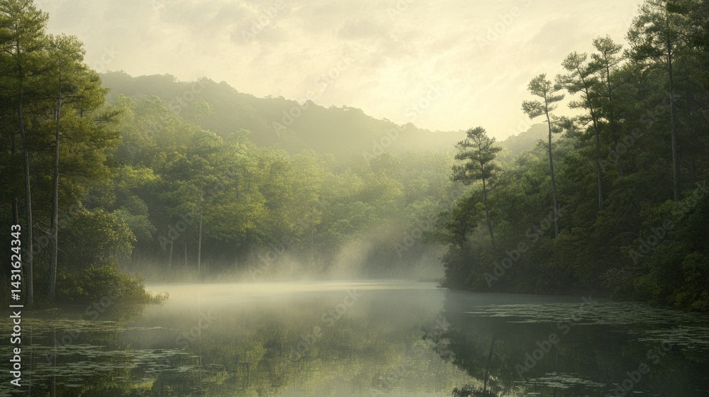 Fototapeta premium Serene misty sunrise over tranquil lake nestled in lush green forest.