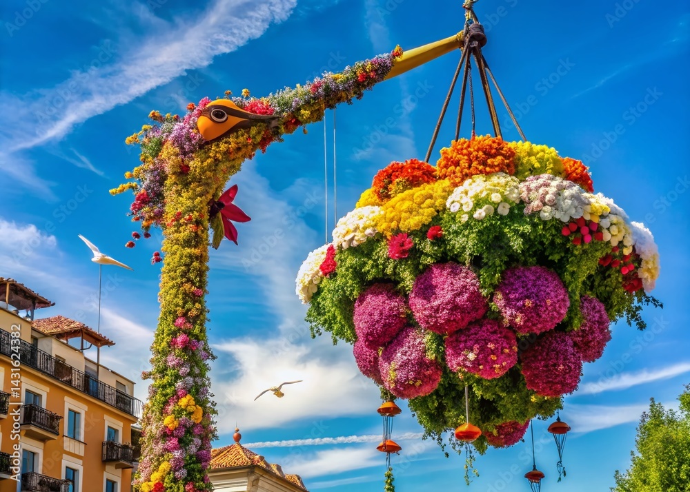 Gerona Temps de Flors 2024: Floral Crane Installation, Flower Festival Decoration