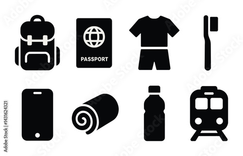 Travel essentials solid icons set – silhouette style symbols for packing, adventure, and exploration: backpack, passport, clothing, toothbrush, smartphone, blanket, water bottle, train