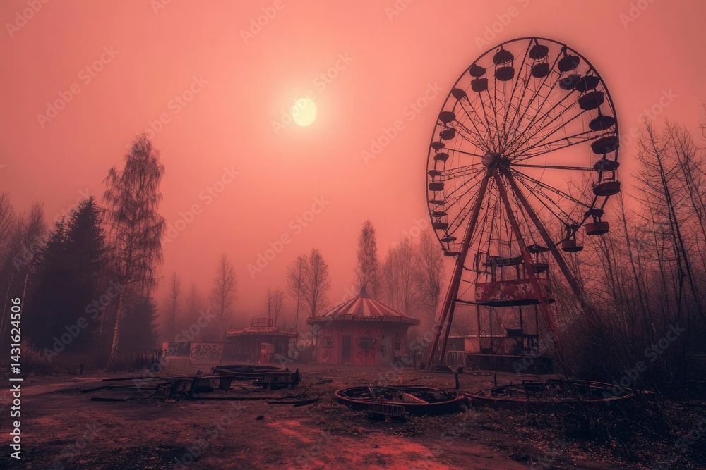 Abandoned Amusement Park Under a Red Sky Abandoned Amusement Park Under a Red Sky