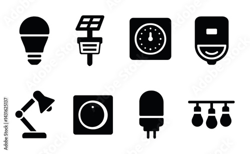 Smart home technology icons set – solid style smart devices, automation, and iot symbols: light bulb, solar panel, timer, smart lock, desk lamp, sensor, led, track lighting.