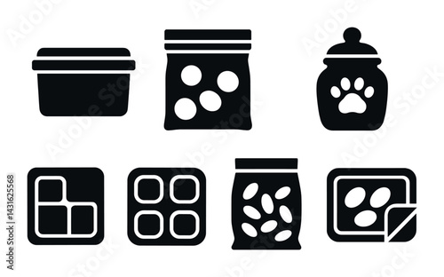 Pet food storage icons set – solid style animal, supplies, and nutrition symbols: container, treat bag, jar, paw print, divided tray, snack pack, kibble pouch.