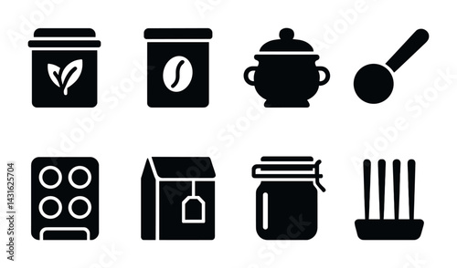 Tea and coffee solid icons set – filled style beverage, brewing, and cafe symbols for food and drink: tea bag, coffee bean, coffee pot, teaspoon, tea leaves, jar, spice rack.