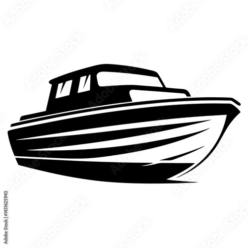 Stylized black and white illustration of a luxury yacht in motion forward