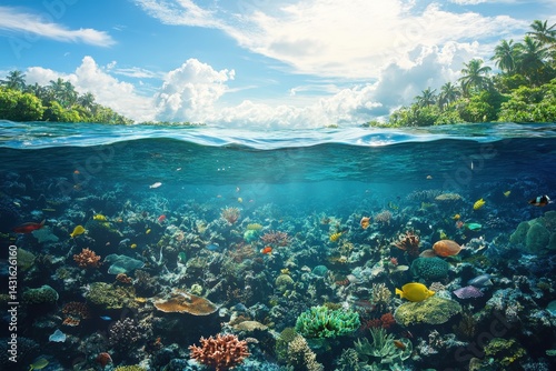 Vibrant coral reef teeming with marine life beneath a sunny sky in tropical waters