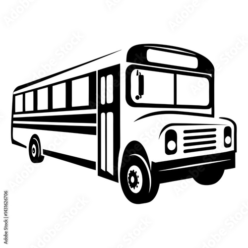 Monochrome image of a school bus featuring solid black and white fill