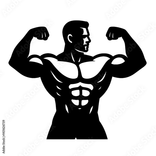 Muscular Bodybuilder Silhouette Flexing Arms Vector