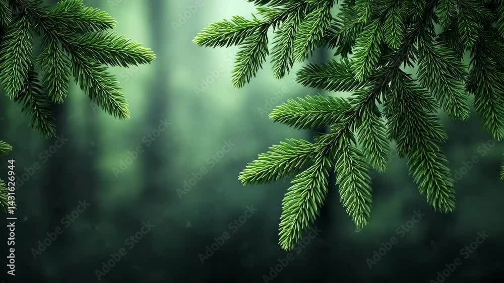 Close up of fir tree branches against a soft, blurred forest background in shades of green. Perfect for christmas themes or nature photography.
