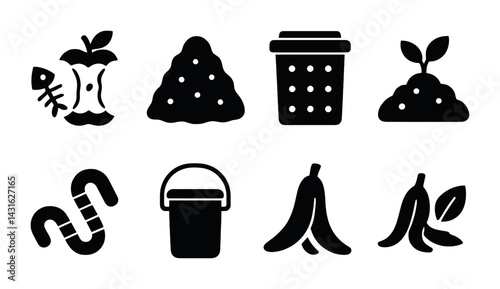 Eco-friendly composting icon set – solid style for sustainable waste management: apple core, compost pile, bin, seedling, worm, bucket, banana peel, leaf