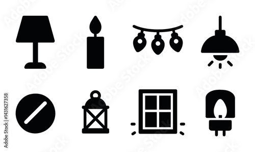 Home decor silhouette icons set – solid style interior, lighting, and ambiance symbols for decoration: lamp, candle, string lights, ceiling light, lantern, window, fireplace.