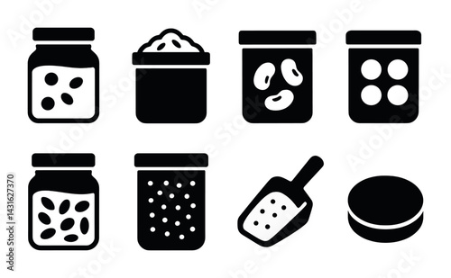 Kitchen pantry solid icons set – flat style food storage, ingredients, and organization symbols for cooking and baking: jar, powder, beans, seeds, jar scoop, spice, container.