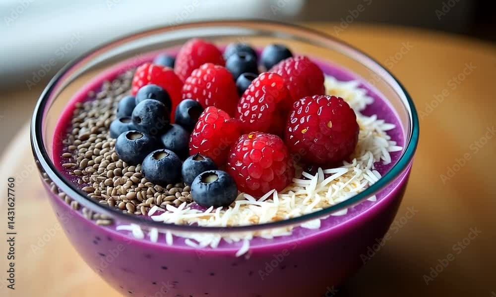 Delicious and Healthy Berry Smoothie Bowl with Raspberries, Blueberries, Chia Seeds and Coconut Delicious and Healthy Berry Smoothie Bowl with Raspberries, Blueberries, Chia Seeds and Coconut