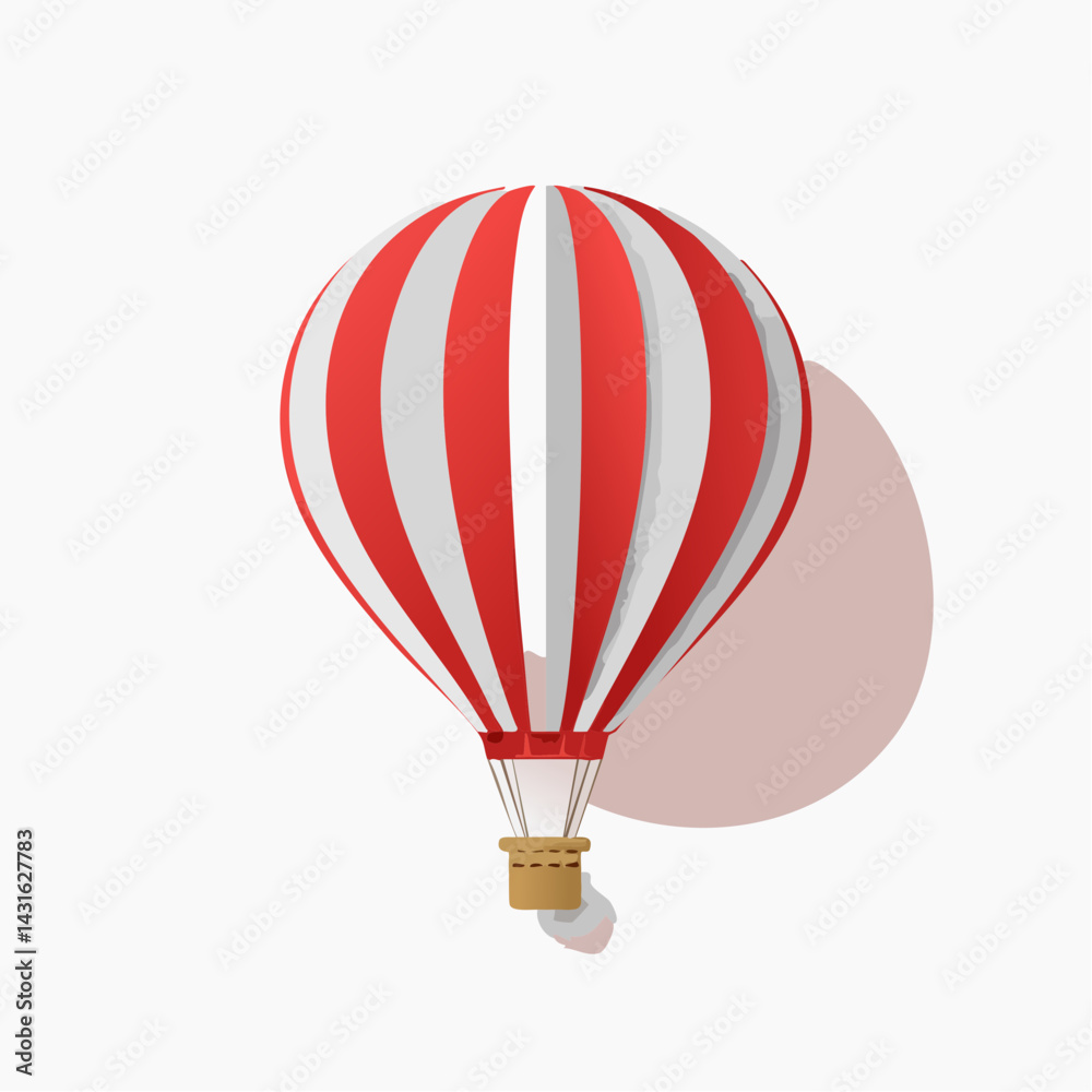 Fototapeta premium Hot air balloon in paper cut style with red stripes. Travel and explore 3d icon isolated on white background 