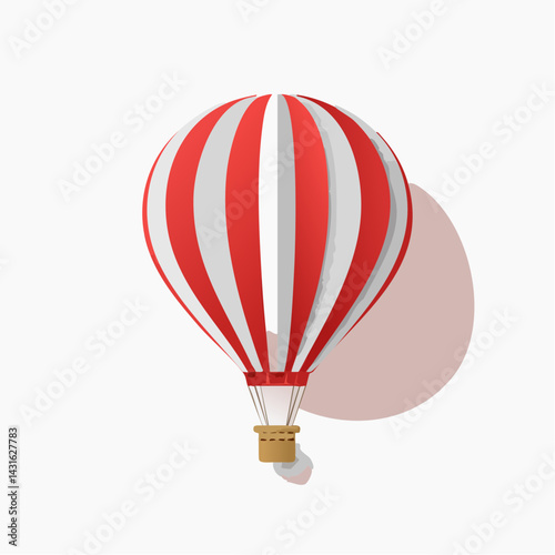 Hot air balloon in paper cut style with red stripes. Travel and explore 3d icon isolated on white background 