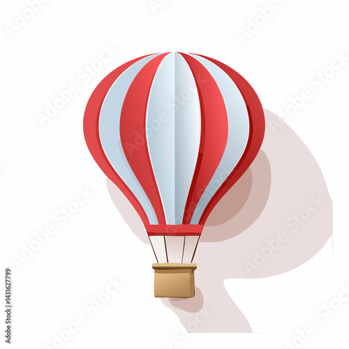 Hot air balloon in paper cut style with red stripes. Travel and explore 3d icon isolated on white background 