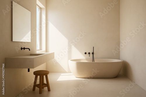 minimalist bathroom with natural light and integrated stone elements photo