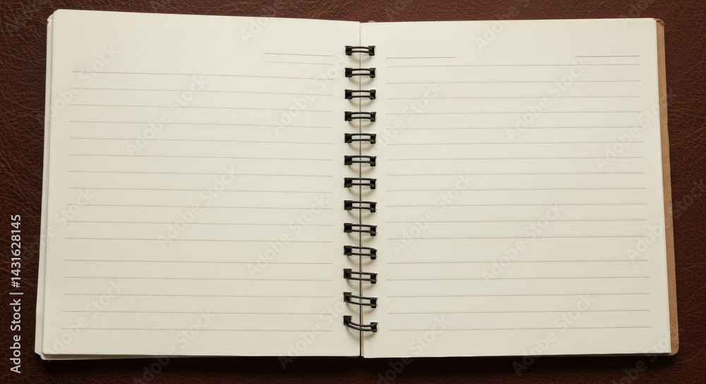 An open notebook with clean lined pages lies on a brown leather surface, ready for writing. Starting, new ideas, planning, creativity, note taking, education, organization, work. An open notebook with clean lined pages lies on a brown leather surface, ready for writing. Starting, new ideas, planning, creativity, note taking, education, organization, work.