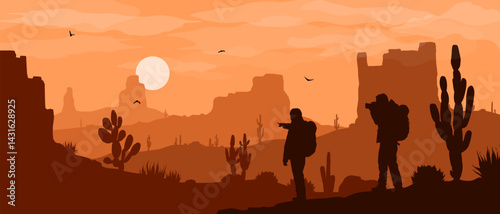 Beautiful flat vector western desert landscape with hikers, rock formations and cactuses in orange colors.