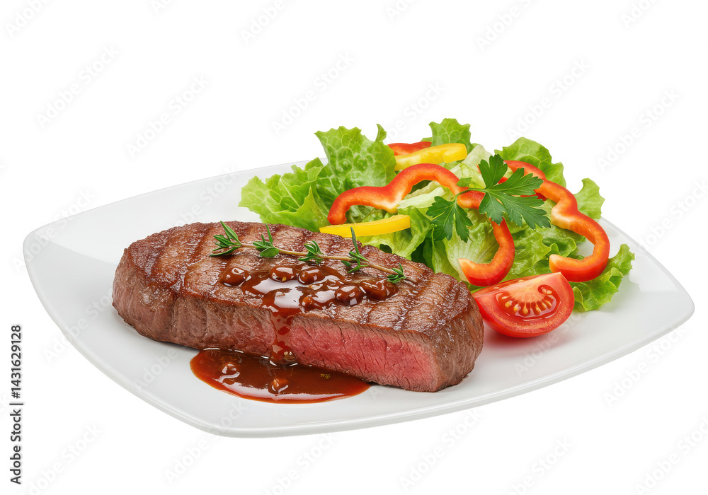 Succulent steak seared to perfection with fresh salad on pristine white plate a culinary masterpiece Succulent steak seared to perfection with fresh salad on pristine white plate a culinary masterpiece