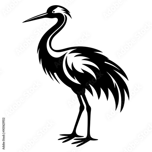 Elegant Black and White Stylized Heron Illustration with Ornamental Feathers