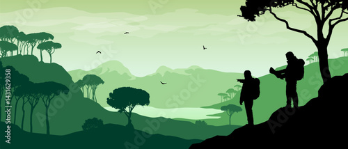 Beautiful flat wide vector landscape with hikers llooking at lake in front of mountains surrounded with subtropical trees.