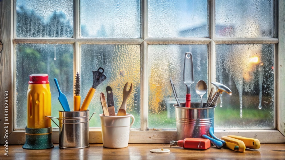A rustic kitchen window scene featuring various utensils in metal containers, a colorful thermos, and a condensation-covered window pane showcasing a blurred outdoor view A rustic kitchen window scene featuring various utensils in metal containers, a colorful thermos, and a condensation-covered window pane showcasing a blurred outdoor view