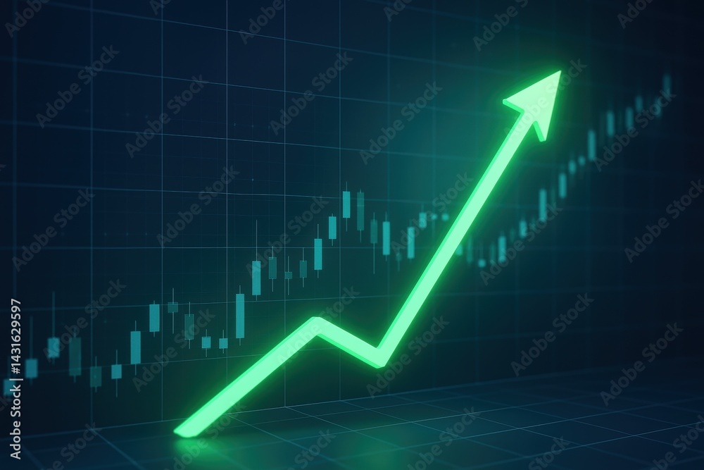 Fototapeta premium Green Arrow of Growth: A bright green arrow rises confidently on a dark blue financial chart background, symbolizing a promising upward trend and financial growth.