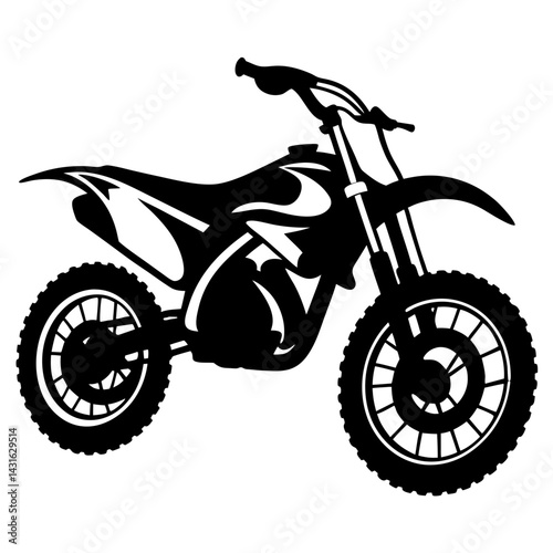 Stylized black and white illustration of a powerful dirt bike motorcycle