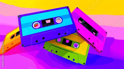 Vibrant retro cassette tapes stacked on a colorful background