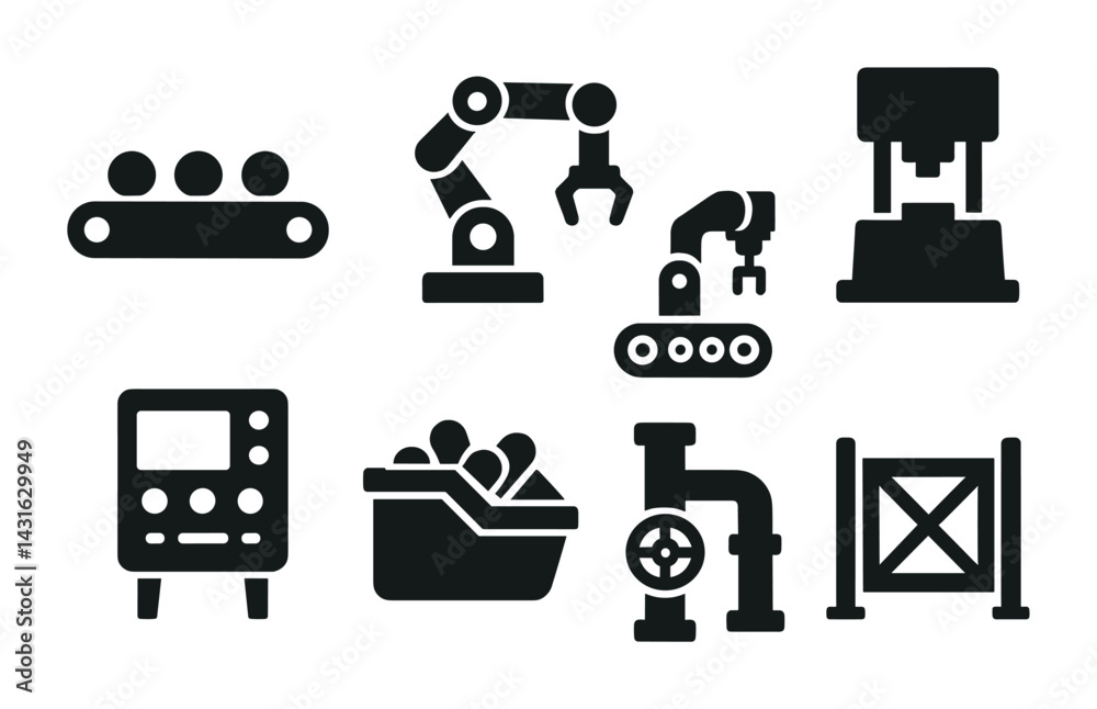 Industrial manufacturing solid icons set – silhouette style factory, automation, and machinery symbols: conveyor belt, robotic arm, injection machine, control panel, piping