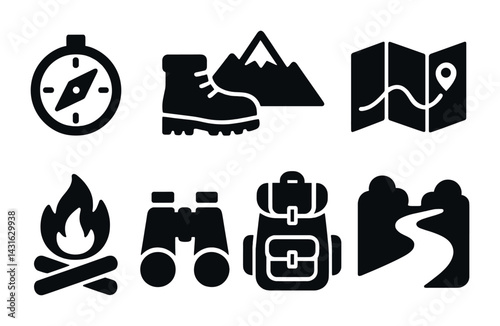 Obraz na płótnie Outdoor adventure solid icons set – flat style for travel, exploration, and camping activities: compass, hiking boots, mountain, map, campfire, binoculars, backpack, trail w salonie