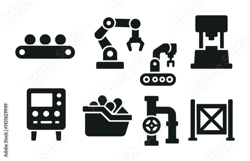 Industrial manufacturing solid icons set – silhouette style factory, automation, and machinery symbols: conveyor belt, robotic arm, injection machine, control panel, piping