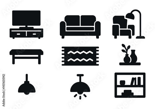 Home decor furniture icons set – solid style interior design, modern living, and home styling symbols: sofa, lamp, bookshelf, vase, tv stand, table, rug, ceiling light.