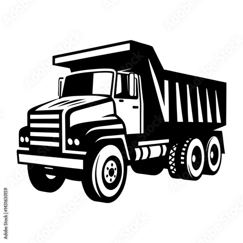 Bold black and white illustration of a vintage style dump truck