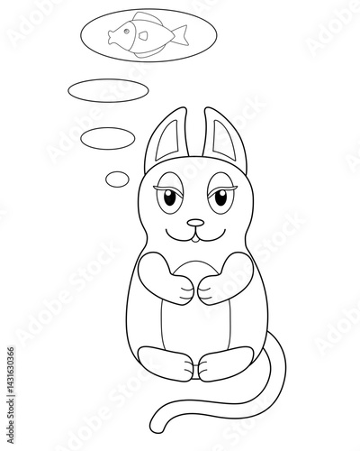 Kitty is meditating or dreaming of a delicious fish. Kitty is sitting in lotus position and is thinking. Vector linear cat coloring for kids in the style of lost kittens. Kitties. Outline. Hand drawin