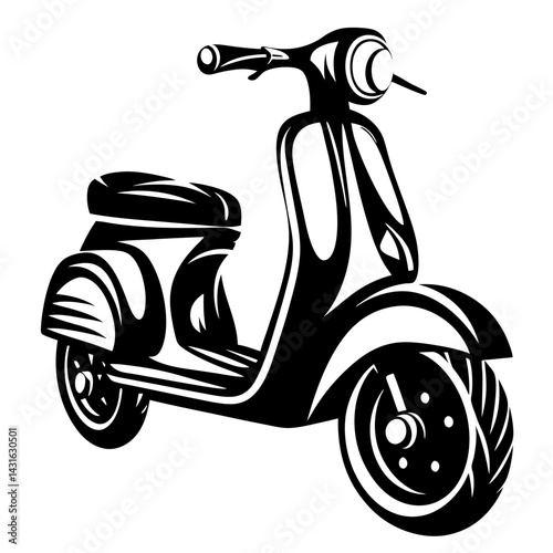 Black and white stylized illustration of a vintage Italian scooter design