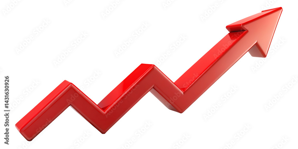 Fototapeta premium red upward arrow graph showing rising trend isolated on white background PNG. GENERATIVE AI
