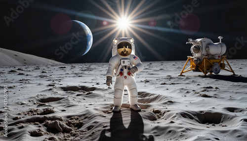 Astronaut exploring lunar surface with Earth in background, cosmic adventure