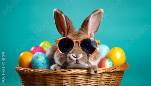a cool funky easter bunny rabbit wearing sunglasses or shades sitting in a basket with colourful easter eggs against a turquoise background