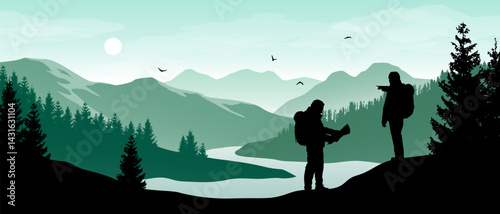Beautiful realistic widescreen vector with hikers looking at river winding in green forested mountain landscape.