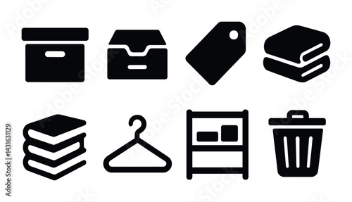 Home organization solid icons set - simplify your space with storage and decluttering essentials: box, folder, tag, towels, books, hanger, shelf, trash bin