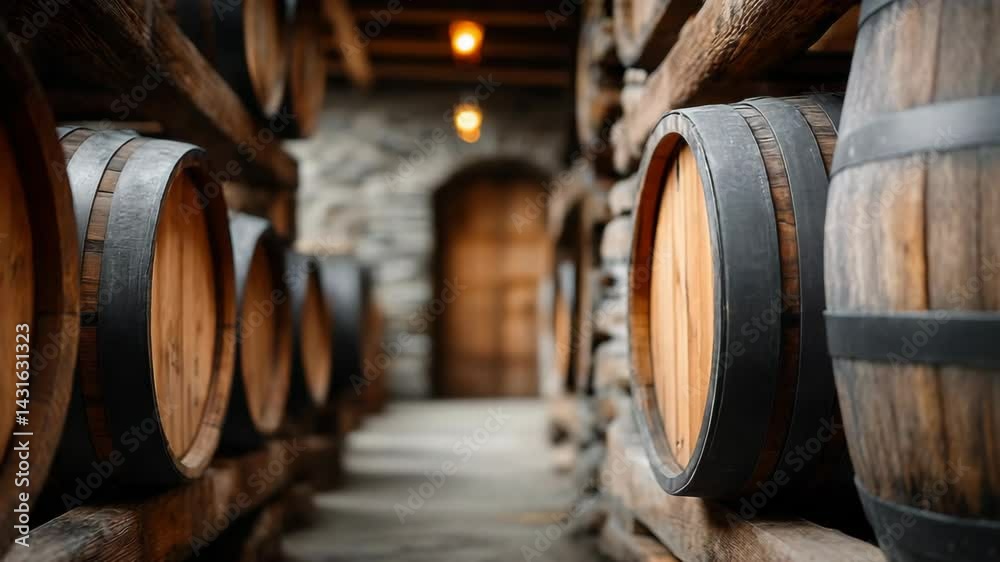 Wooden barrels stacked aging wine in rustic cellar with stone walls and soft interior lighting creating atmospheric mood, showcasing winery traditions