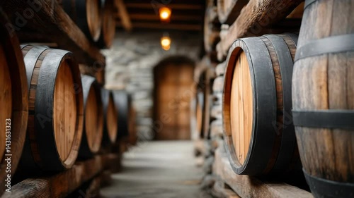 Wooden barrels stacked aging wine in rustic cellar with stone walls and soft interior lighting creating atmospheric mood, showcasing winery traditions